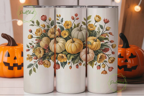 Vintage Fall Floral Pumpkin 20oz Tumbler Sublimation PixelChick 