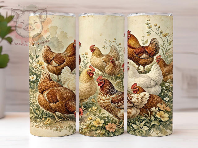 Vintage Farmhouse Hens Roosters 20oz Tumbler, Vintage Style, Farmhouse Theme, Hen Motif, Rooster Design, Rustic Charm, Sublimation Wrap, 20oz Tumbler Sublimation Lara' s Designs 