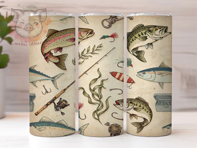 Vintage Fishing Pattern 20oz Tumbler, Seamless Pattern, Aquatic Life, Fishing Equipment, Aged Paper Texture, Skinny Tumbler, Sublimation PNG Sublimation Lara' s Designs 