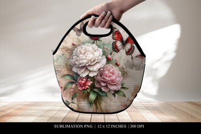Vintage Floral and Butterfly Lunch Bag Sublimation Design Sublimation BijouBay 