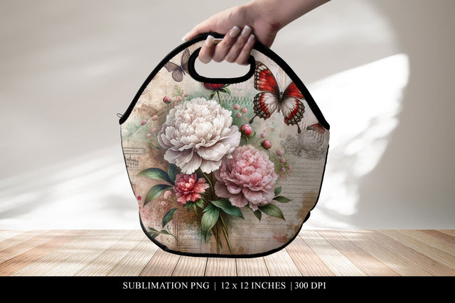 Vintage Floral and Butterfly Lunch Bag Sublimation Design Sublimation BijouBay 