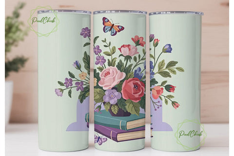 Vintage Floral Book Stack 20oz Tumbler Sublimation PixelChick 