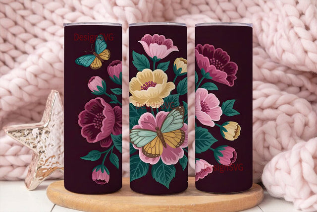 Vintage Floral Butterfly 20oz Tumbler Sublimation DesignSVG 