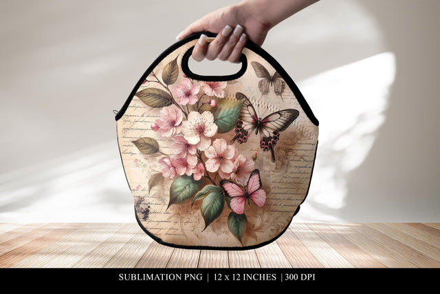 Vintage Floral Butterfly Lunch Bag Design, Sublimation PNG Sublimation BijouBay 