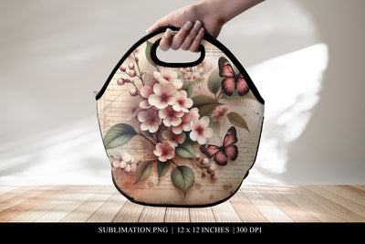 Vintage Floral Butterfly Lunch Bag Design, Sublimation PNG Sublimation BijouBay 