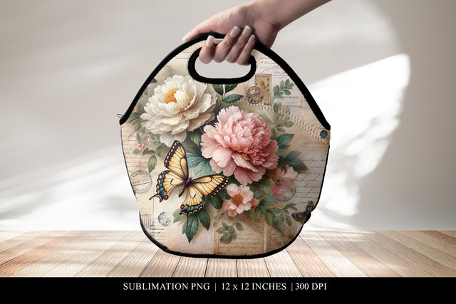 Vintage Floral Butterfly Lunch Bag Sublimation Design PNG Sublimation BijouBay 