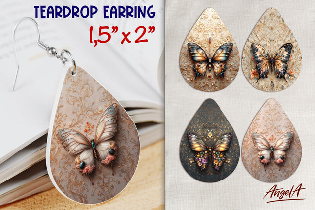 Vintage floral Butterfly teardrop earring 3d sublimation PNG Sublimation Angelina Semenova 