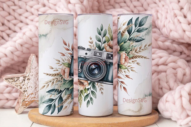 Vintage Floral Camera 20oz Tumbler Wrap Sublimation DesignSVG 