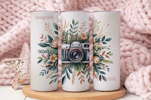 Vintage Floral Camera 20oz Tumbler Wrap Sublimation DesignSVG 