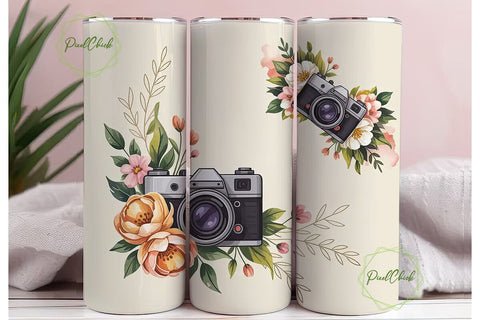 Vintage Floral Camera 20oz Tumbler Wrap Sublimation PixelChick 