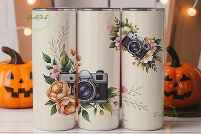 Vintage Floral Camera 20oz Tumbler Wrap Sublimation PixelChick 