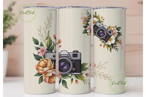 Vintage Floral Camera 20oz Tumbler Wrap Sublimation PixelChick 