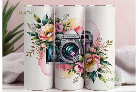 Vintage Floral Camera 20oz Tumbler Wrap Sublimation PixelChick 