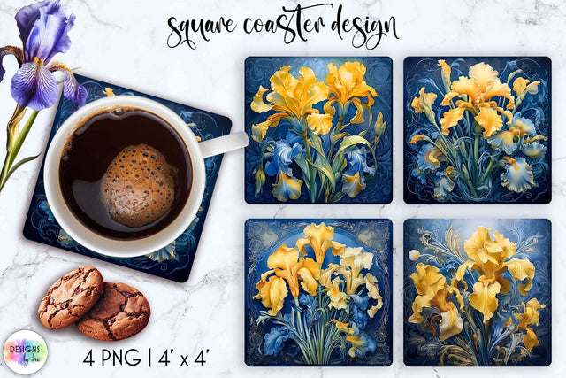 Vintage Floral Coasters set, Iris Flowers Sublimation Sublimation Designs by Ira 