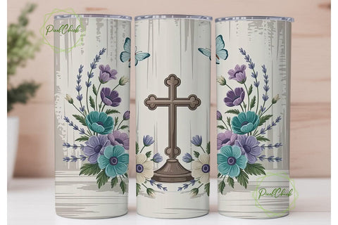 Vintage Floral Cross 20oz Tumbler Wrap Sublimation PixelChick 