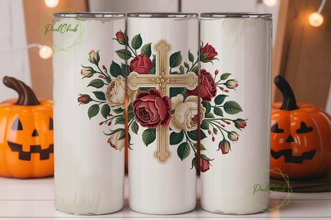 Vintage Floral Cross 20oz Tumbler Wrap Sublimation PixelChick 
