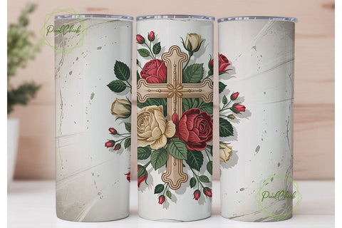 Vintage Floral Cross 20oz Tumbler Wrap Sublimation PixelChick 