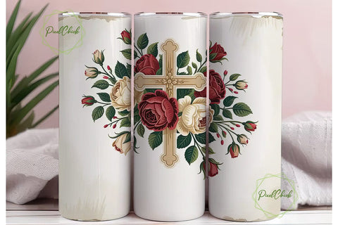 Vintage Floral Cross 20oz Tumbler Wrap Sublimation PixelChick 