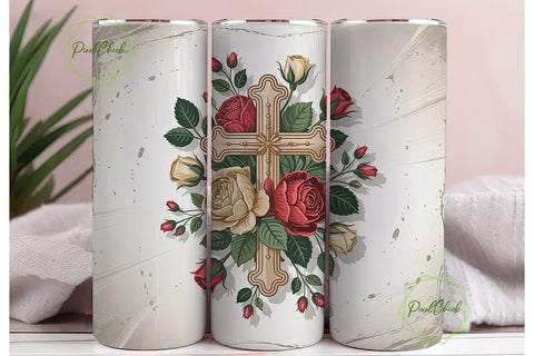 Vintage Floral Cross 20oz Tumbler Wrap Sublimation PixelChick 