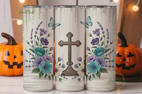 Vintage Floral Cross 20oz Tumbler Wrap Sublimation PixelChick 