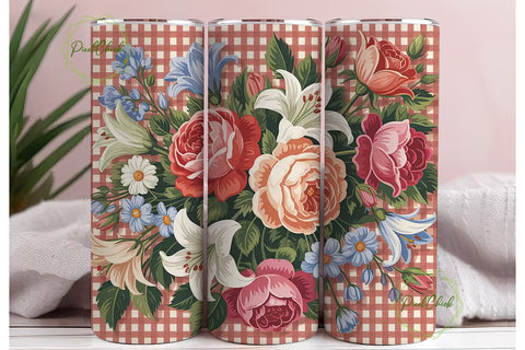 Vintage Floral Gingham 20oz Tumbler Wrap Sublimation PixelChick 