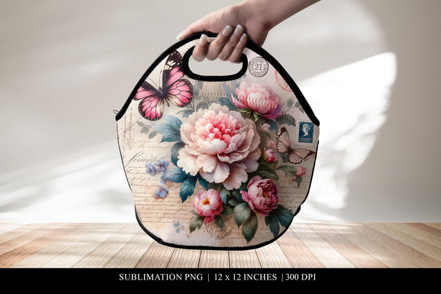 Vintage Floral Lunch Bag Design, Butterfly Peony Sublimation Sublimation BijouBay 
