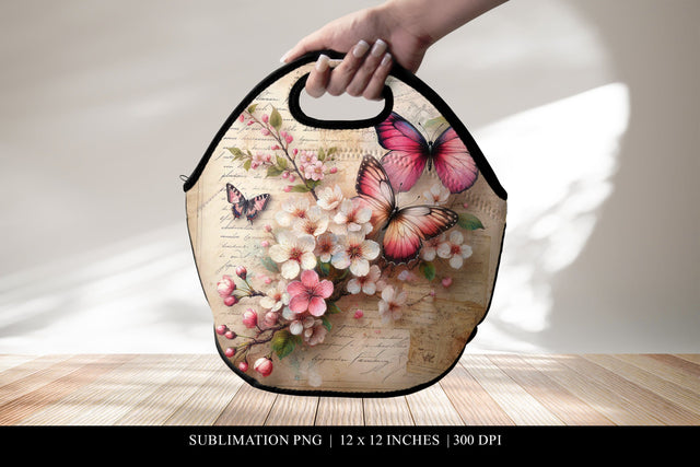 Vintage Floral Lunch Bag Sublimation Design, Butterfly Print Sublimation BijouBay 