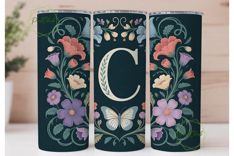Vintage Floral Monogram C Tumbler Wrap Sublimation PixelChick 