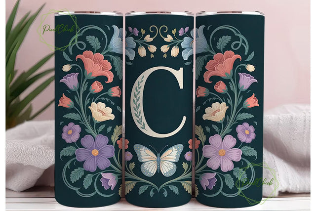 Vintage Floral Monogram C Tumbler Wrap Sublimation PixelChick 