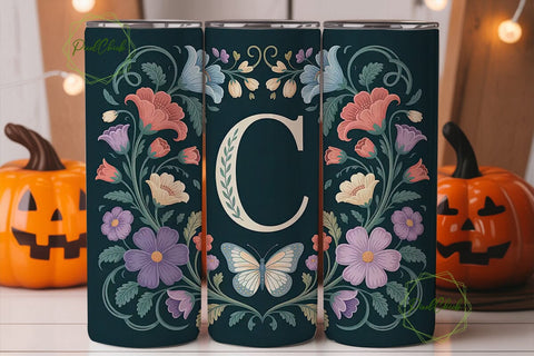 Vintage Floral Monogram C Tumbler Wrap Sublimation PixelChick 