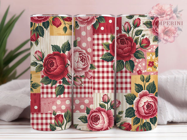 Vintage Floral Patchwork Tumbler, Red Pink Quilt Wrap, Vintage Quilt Cup, 20oz Sublimation Wrap, Stylish Patchwork Design Tumbler, Artistic Floral Quilt Cup, Cozy Patchwork Theme Wrap Sublimation Li Zamperini 