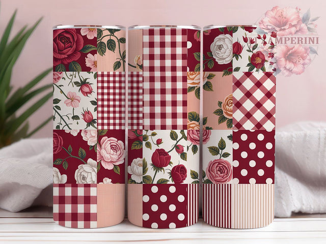 Vintage Floral Patchwork Tumbler, Red Pink Quilt Wrap, Vintage Quilt Cup, 20oz Sublimation Wrap, Stylish Patchwork Design Tumbler, Artistic Floral Quilt Cup, Cozy Patchwork Theme Wrap Sublimation Li Zamperini 