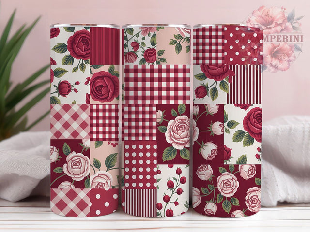 Vintage Floral Patchwork Tumbler, Red Pink Quilt Wrap, Vintage Quilt Cup, 20oz Sublimation Wrap, Stylish Patchwork Design Tumbler, Artistic Floral Quilt Cup, Cozy Patchwork Theme Wrap Sublimation Li Zamperini 