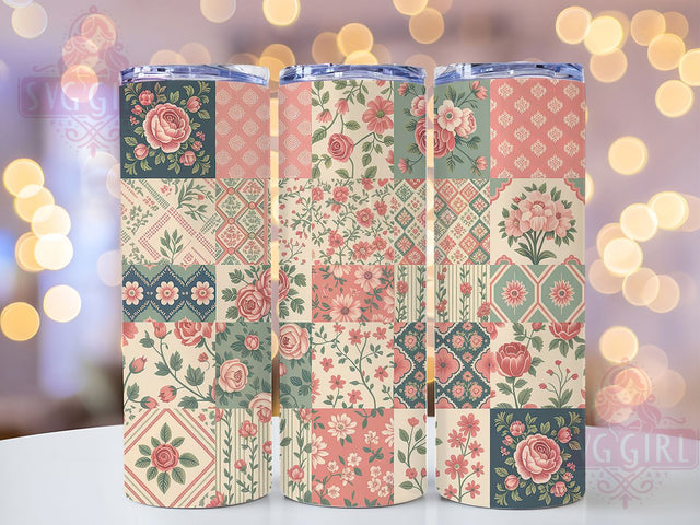 Vintage Floral Patchwork Tumbler Wrap, Colorful Floral, Fabric Blocks, Handmade Style, Cozy Design, Tumbler Wrap, Sublimation Design Sublimation SvggirlplusArt 