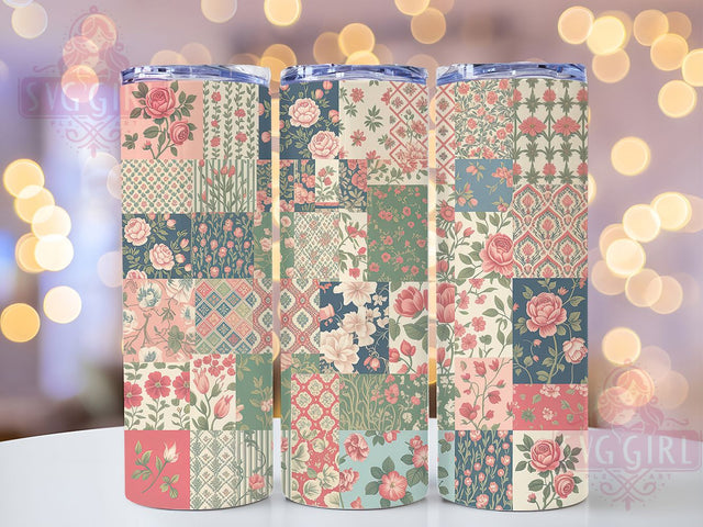 Vintage Floral Patchwork Tumbler Wrap, Colorful Floral, Fabric Blocks, Handmade Style, Cozy Design, Tumbler Wrap, Sublimation Design Sublimation SvggirlplusArt 
