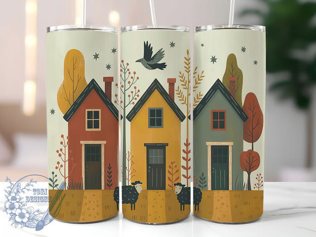 Vintage Folk Art House Tumbler, Primitive House Design, Rustic Home Art, Country Style Cup, Traditional Folk Pattern, Farmhouse Design Art, Vintage House Tumbler Sublimation ToriDesigns 