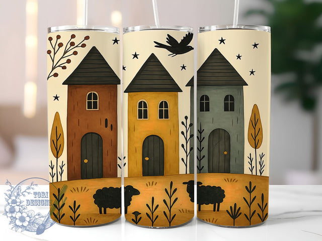 Vintage Folk Art House Tumbler, Primitive House Design, Rustic Home Art, Country Style Cup, Traditional Folk Pattern, Farmhouse Design Art, Vintage House Tumbler Sublimation ToriDesigns 