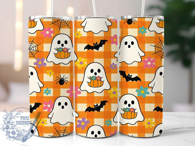 Vintage Ghosts Check 20oz Tumbler, Vintage ghost design, Checkered halloween print, 20oz skinny tumbler, Halloween tumbler wrap, Retro ghost wrap, Sublimation halloween design Sublimation ToriDesigns 
