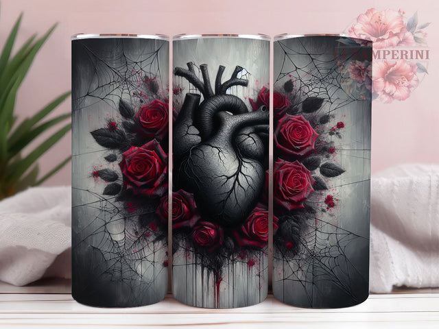 Vintage Gothic Heart 20oz Tumbler Wrap, Heart With Roses, Halloween Wrap, 20oz Sublimation, Dark Romantic, Gothic Halloween, Spooky Floral Sublimation Li Zamperini 