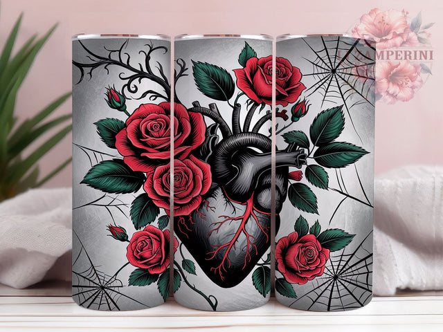 Vintage Gothic Heart 20oz Tumbler Wrap, Heart With Roses, Halloween Wrap, 20oz Sublimation, Dark Romantic, Gothic Halloween, Spooky Floral Sublimation Li Zamperini 