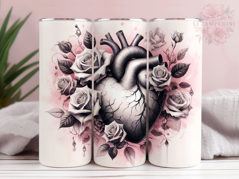 Vintage Gothic Heart With Roses Tumler PNG, Heart Roses 20oz Tumbler Wrap PNG, Straight & Tapered Tumbler Wrap, Instant Digital Download Sublimation Li Zamperini 