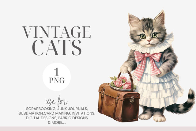 Vintage Grey & White Kitten Clipart PNG Sublimation BijouBay 