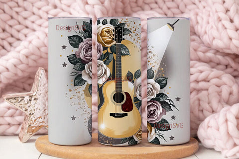 Vintage Guitar & Roses 20oz Tumbler Wrap Sublimation DesignSVG 