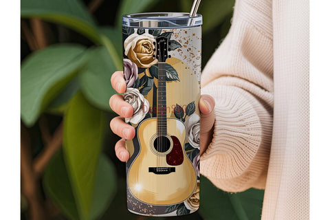 Vintage Guitar & Roses 20oz Tumbler Wrap Sublimation DesignSVG 