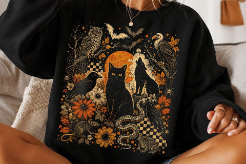 Vintage Halloween Black Cat Owl PNG SVG DesignDestine 