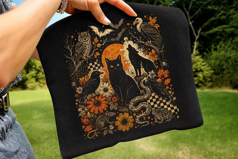 Vintage Halloween Black Cat Owl PNG SVG DesignDestine 