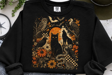 Vintage Halloween Black Cat Owl PNG SVG DesignDestine 