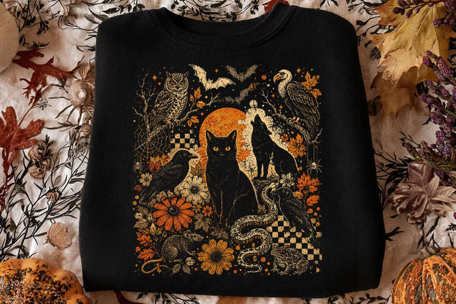 Vintage Halloween Black Cat Owl PNG SVG DesignDestine 