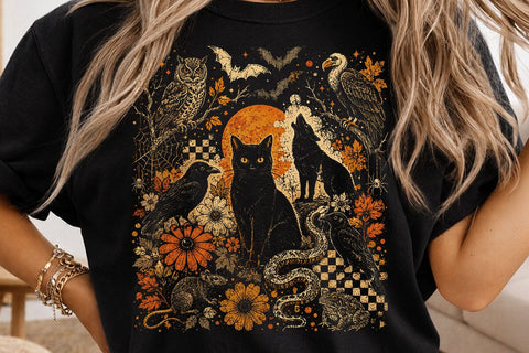 Vintage Halloween Black Cat Owl PNG SVG DesignDestine 
