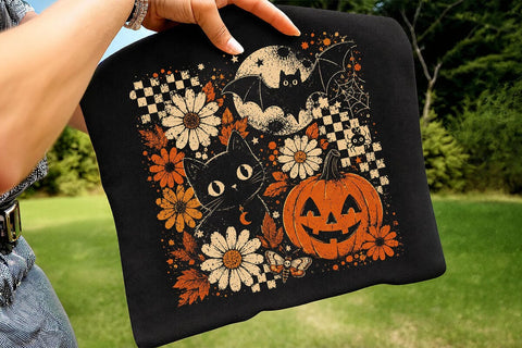 Vintage Halloween Black Cat Pumpkin PNG SVG DesignDestine 